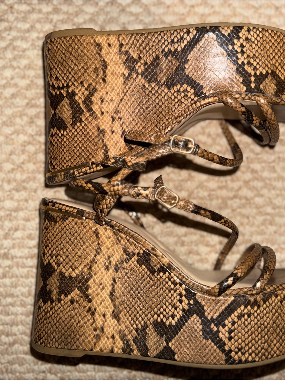 Kenneth Cole Tan and Brown Snake-Print Strappy Heels